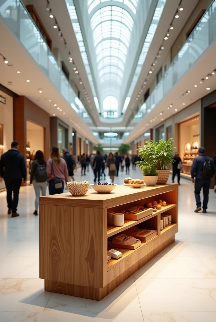 wooden counter with shelves in shopping mall aisle