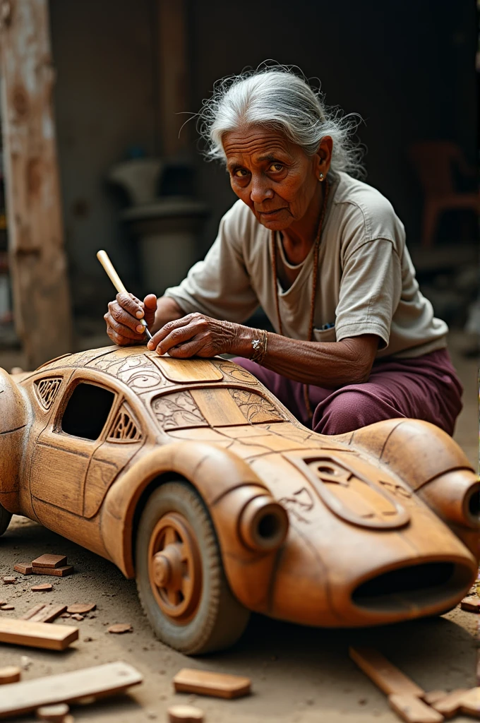 a poor old indian woman making a big car out of woods 