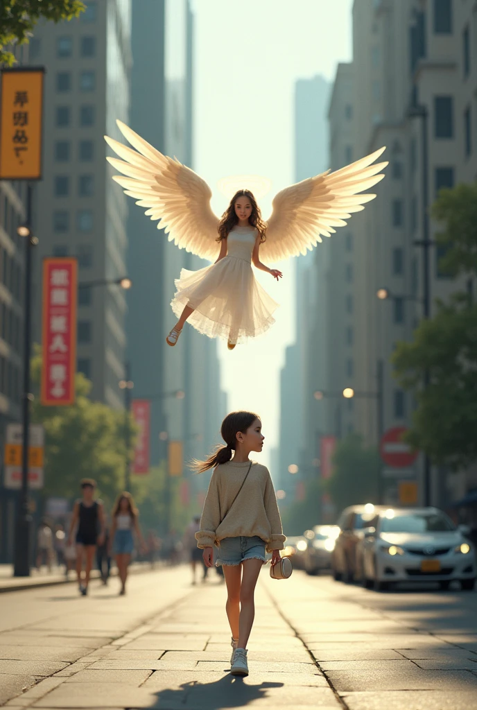 (photorealism:1.2), (8) A girl walking down the street and an angel watching her