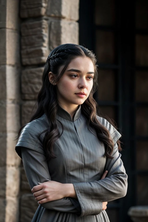 Layde stark game of thrones 1 beautiful face, black hair and gray eyes wearing a gray dress with a black cape and a scared expression