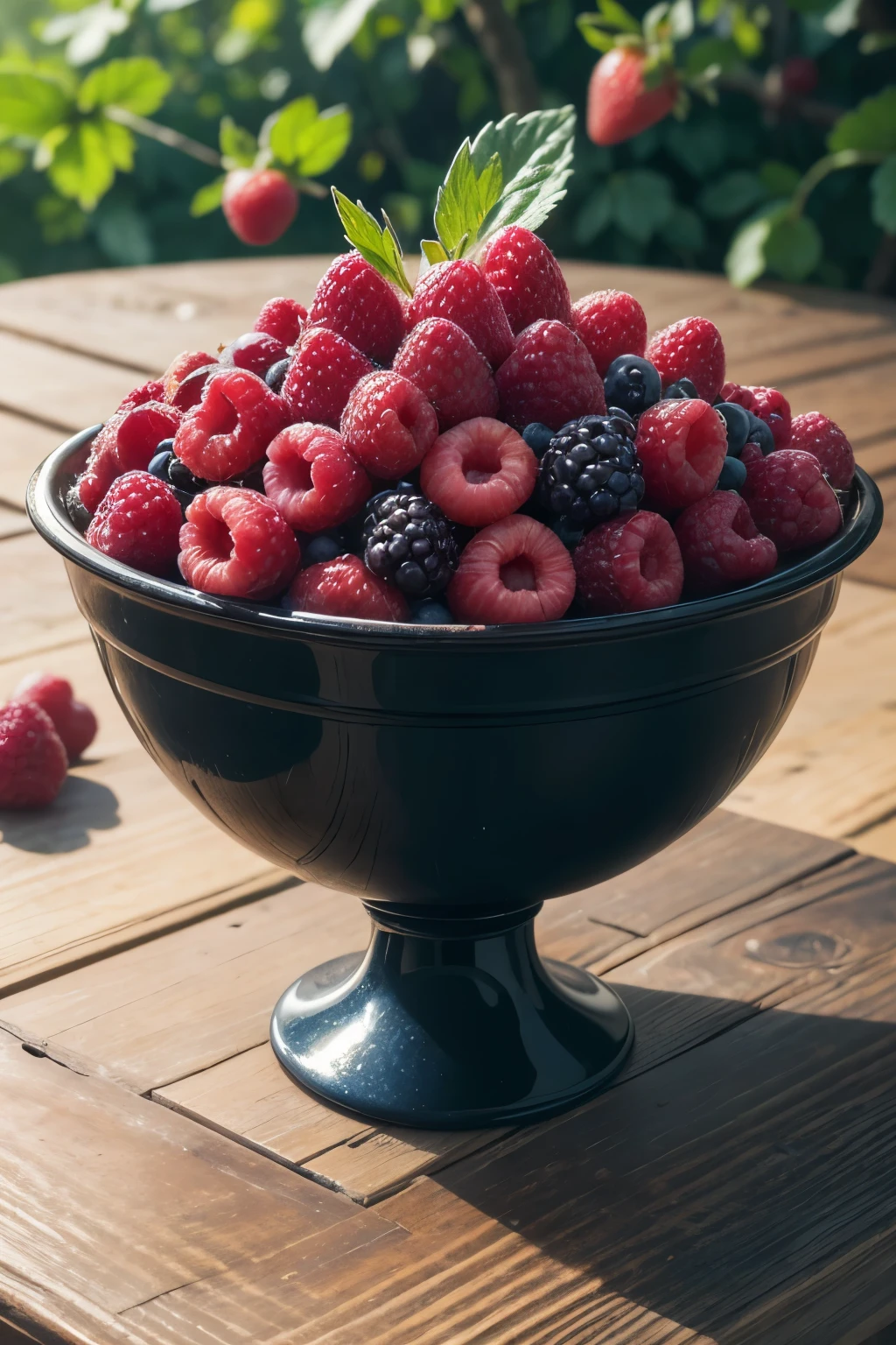 A vibrant assortment of fresh red berries is artfully arranged on a rustic wooden table. Plump strawberries, juicy raspberries, and deep blue blueberries are piled together, creating a colorful and inviting mix. The berries are fresh, with tiny droplets of water clinging to their surfaces, highlighting their juicy, ripe texture. A few green leaves are scattered among the fruits, adding a touch of contrast and freshness. Soft, natural light filters in from the side, enhancing the rich reds and blues of the berries and creating a mouthwatering, summery atmosphere