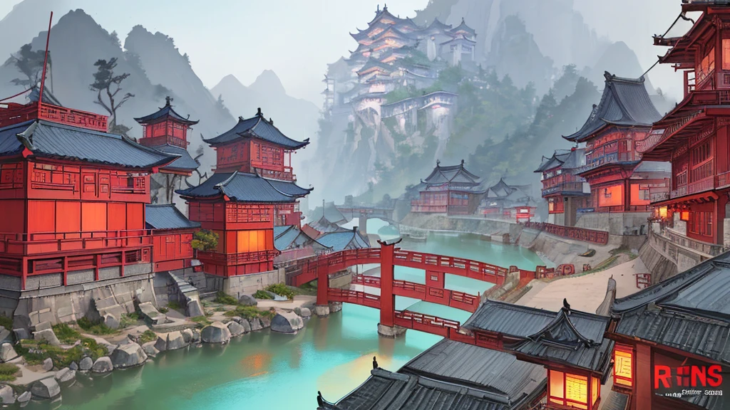 painting of a chinese village with a bridge over a river, ross tran. scenic background, digital painting of a pagoda, cyberpunk chinese ancient castle, dreamy chinese town, highly detailed digital painting, very detailed digital painting, detailed scenery —width 672, wlop and ross tran, detailed painting 4 k, detailed digital concept art, highly detailed digital artwork