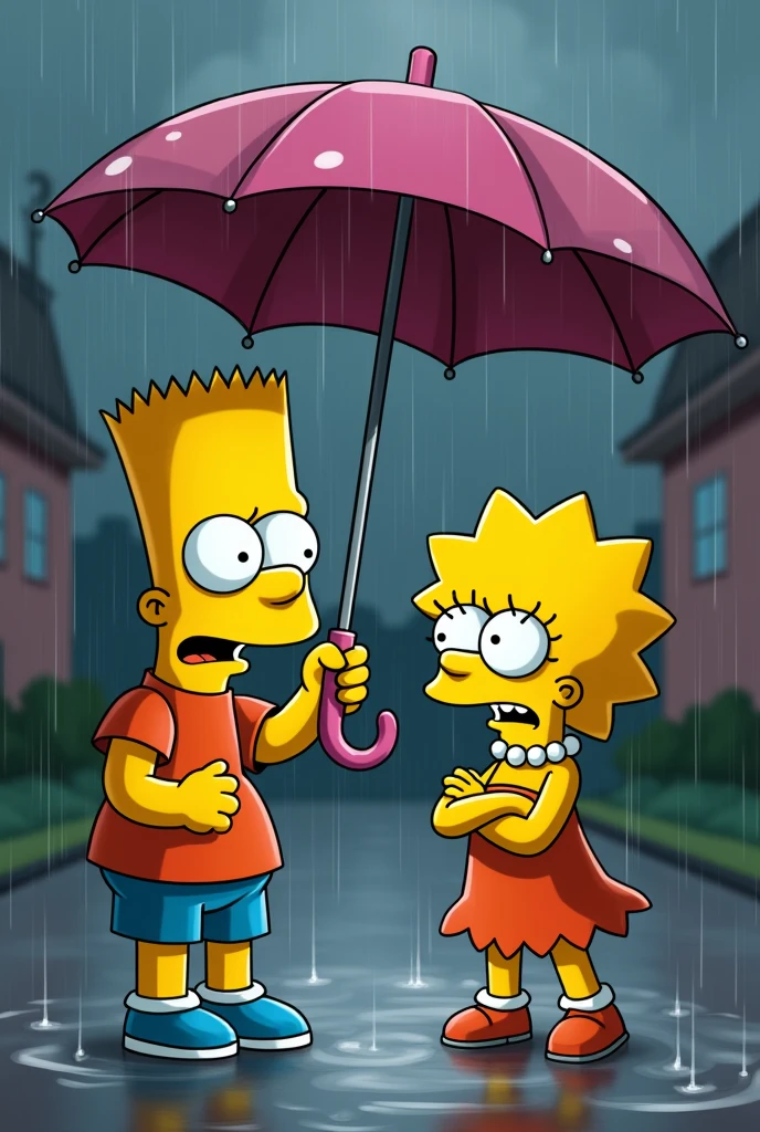 Brothers Bart and Lisa Simpson. it's raining. Bart hands Lisa an open umbrella with only one hand. Bart pouting face. Lisa stands with her arms crossed. Lisa inamused face. Bart disappointed. Lisa disappointed. The two screaming.