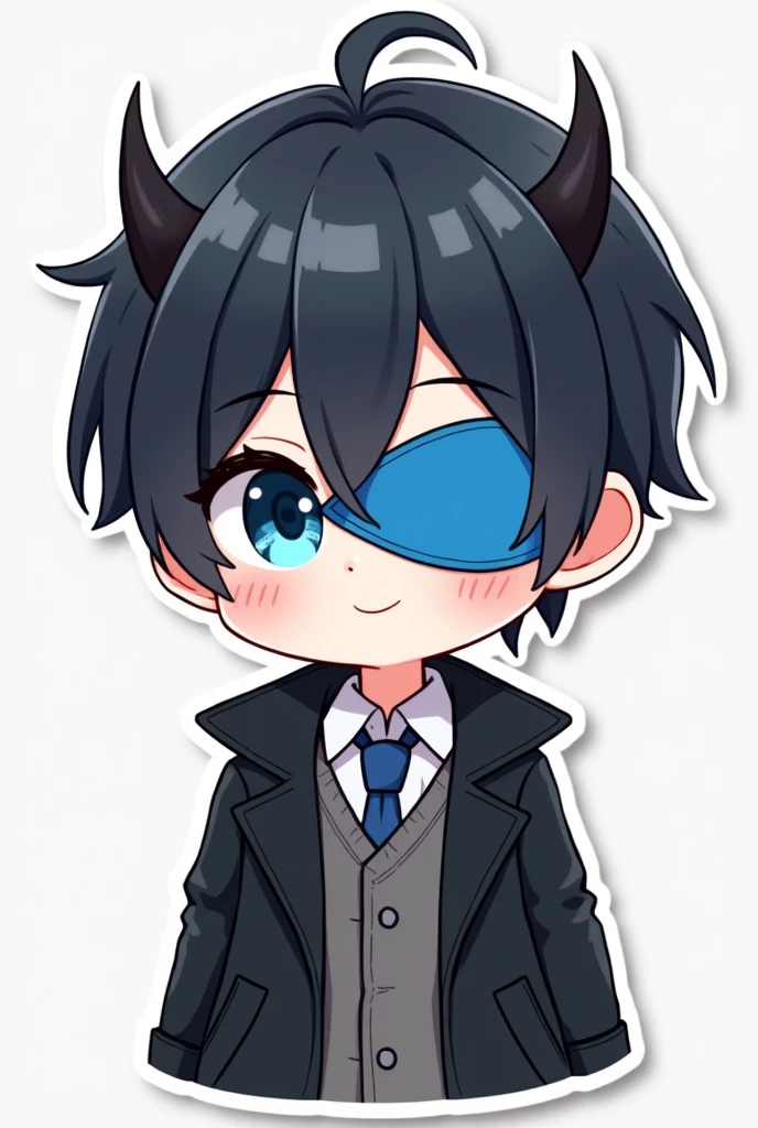 STICKER CUTE CHIBI BOY black hair blue eyes two small horns blue mask covering one eye of the face with a black coat