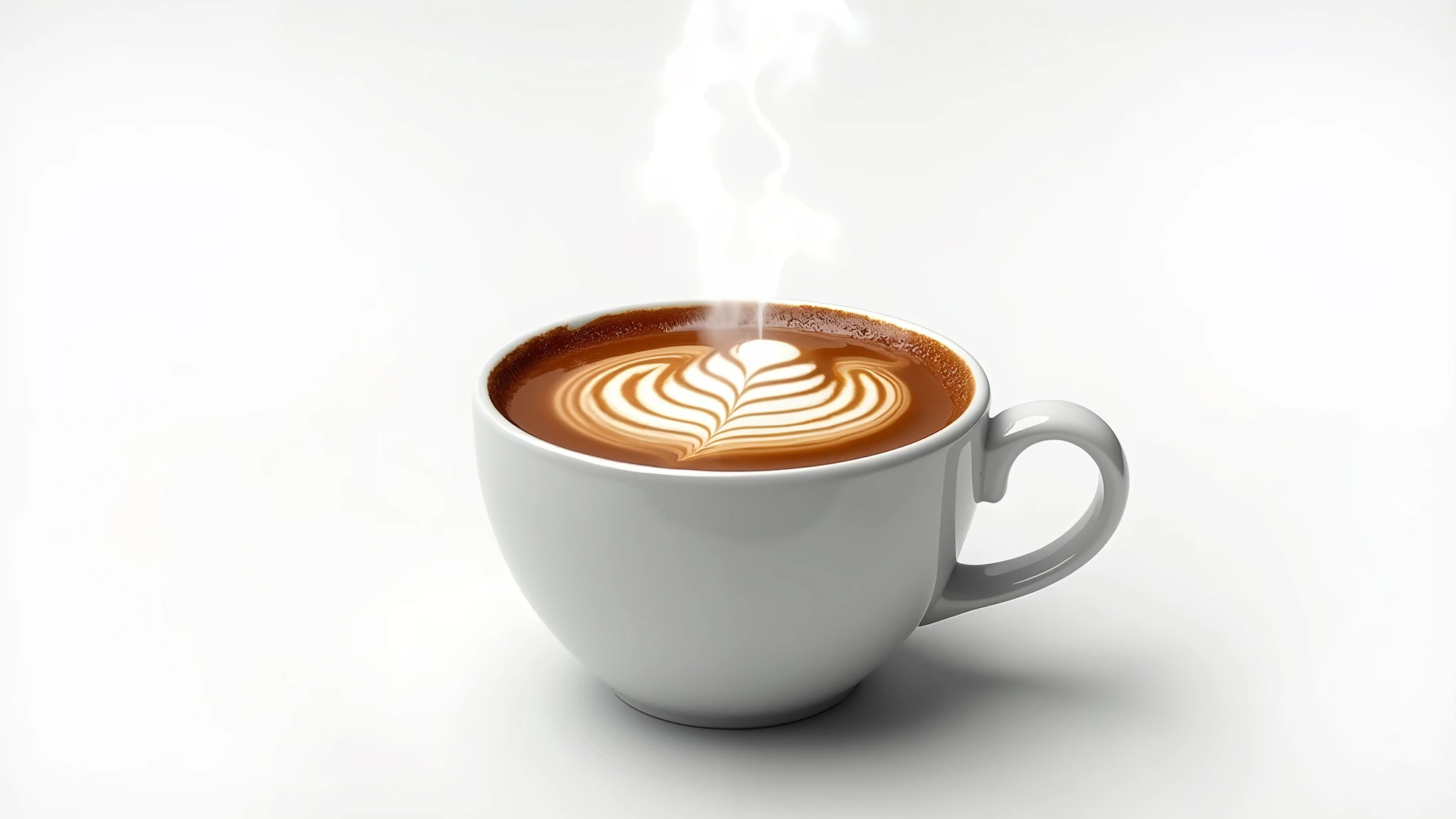 : A steaming cup of hot coffee with foam art on the surface, resting on a white background. 8k