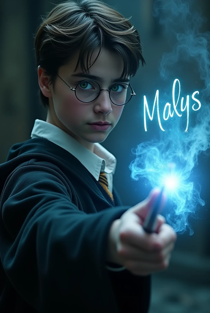 Photo ultra realiste de Harry potter : On voit bien le visage de Harry Potter lancer un patronus bleu qui fait apparaotre un visage feminin.
Harry Potter écrit "Maïlys" en cursive avec sa baguette. L'écriture est lumineuse.