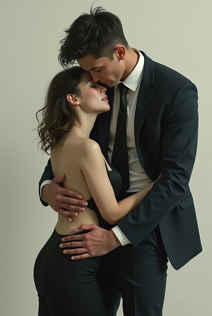 A full-body view of a stunning, very young woman with a really skinny body. She is accompanied by a well-dressed man in his 50s. The woman has long, flowing hair and a confident, alluring expression. She is totally naked and wear only high heels, showcasing her toned legs. The man is dressed in a sharp, tailored suit, exuding sophistication and maturity. The image is highly detailed, capturing the textures of their clothing, the contrast between their ages, and the subtle interactions between them. The scene is both seductive and captivating, with intricate details in the lighting, shadows, and expressions.