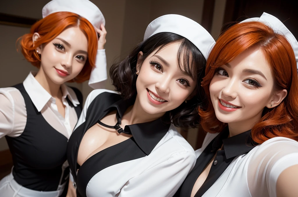 two extremely sexy women in nurse outfits, looking at camera, cute smiles, happy opened mouths, goth eye makeup, close up faces portrait, short curly orange hair, view from below