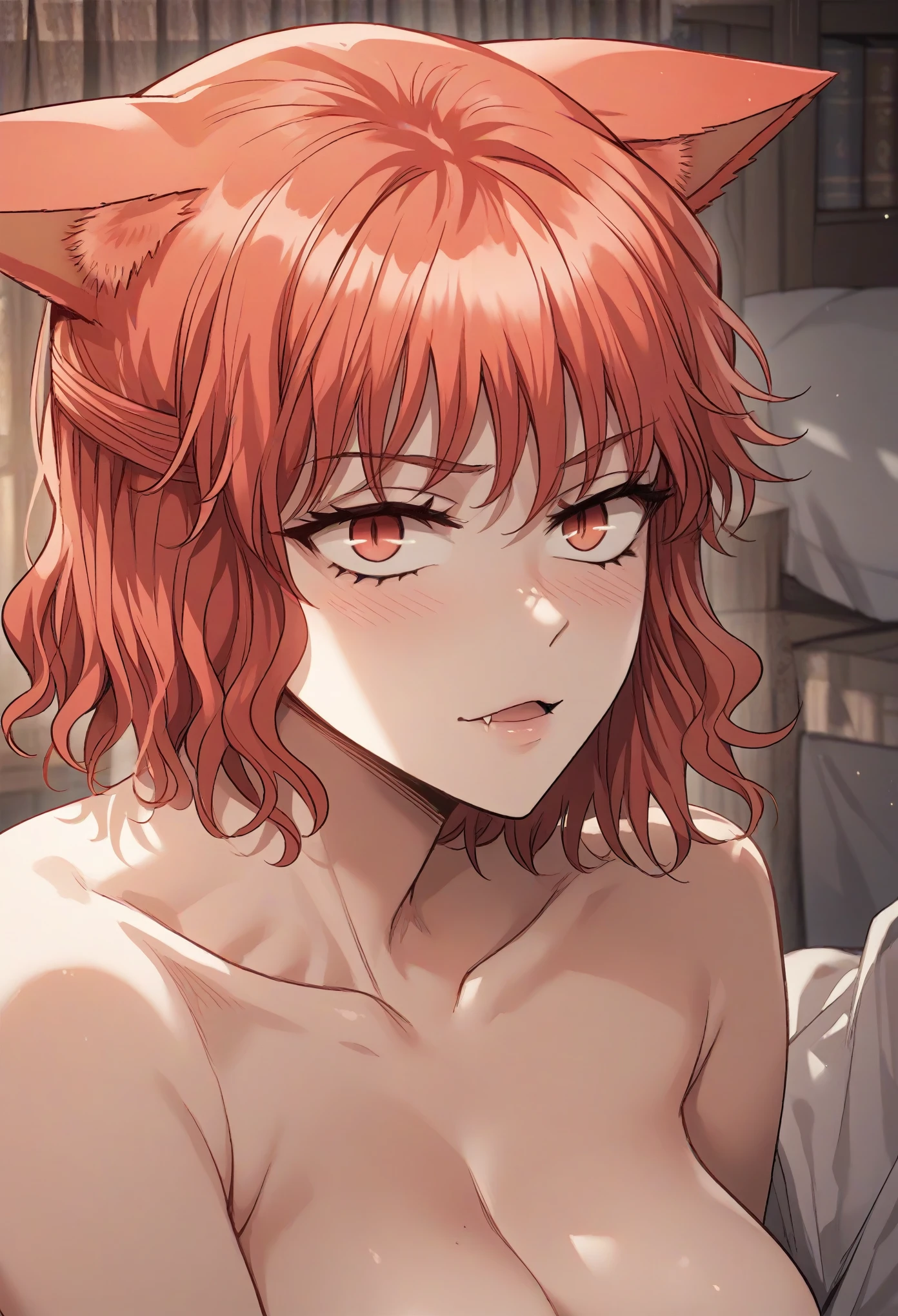 MisshaKarlstein, cat woman, red eyes, red hair, short hair,naked,lewd expresion,horny,thirst