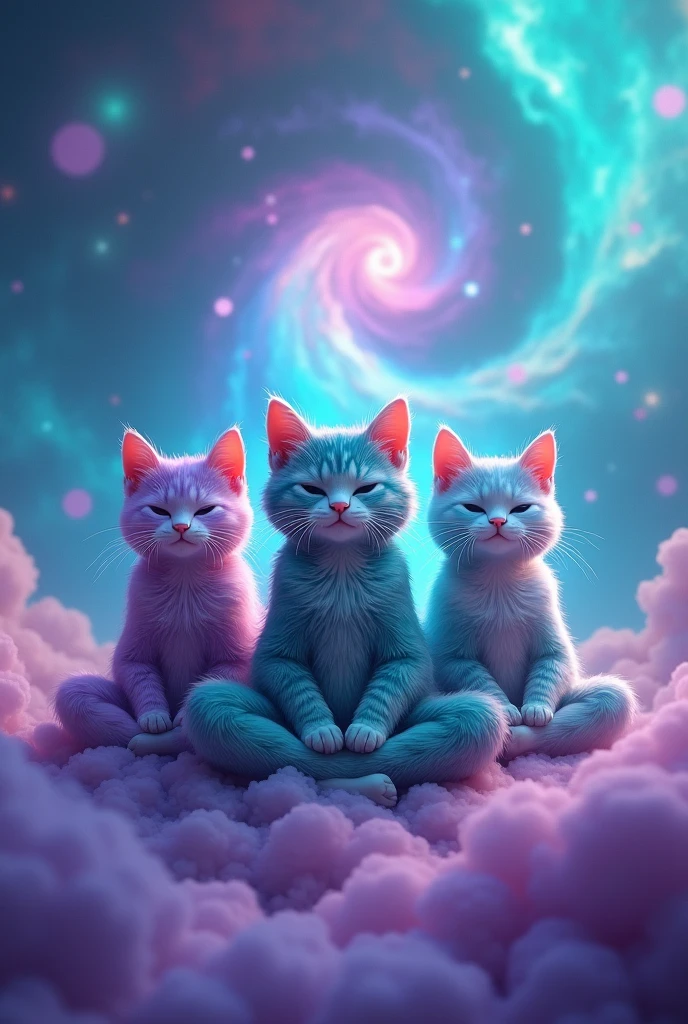 Create three cute cats, cute, hiper realisitic, realisitic, 真实感, They are meditating, they meditate, they are purple, turquoise and blue, Are they happy, and the background is the turquoise and purple galaxy
