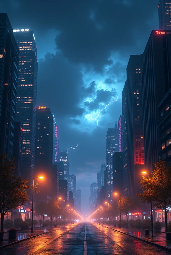 City lights, night time, night storm sky, symmetrical 