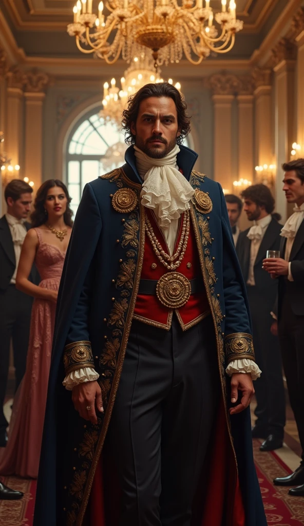 Edmond Dantès, maintenant vêtu en Comte de Monte-Cristo, arrive à une réception élégante dans un grand manoir. Les invités, surpris, l’observent avec admiration et curiosité.