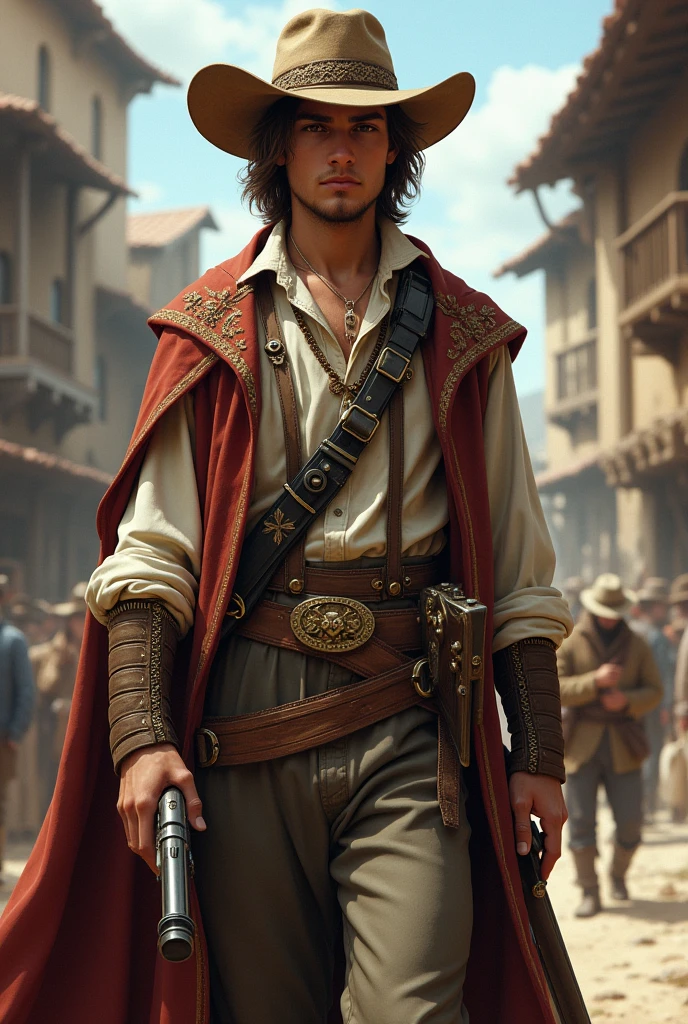 A medieval gunslinger r In elegant robes Man Brown hair Older Cowboy hat and with weapons With a beard and a musket Cowboy clothes