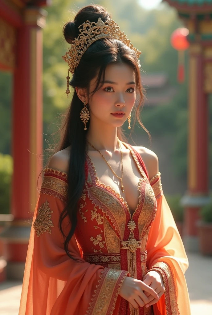a beautiful young asian princess, detailed intricate asian style dress, elegant pose, serene facial expression, long flowing hair, delicate jewelry, ornate headpiece, lush palace gardens background, warm lighting, detailed cinematic rendering, vibrant colors, (best quality,4k,8k,highres,masterpiece:1.2),ultra-detailed,(realistic,photorealistic,photo-realistic:1.37),cinematic lighting, detailed ornate architecture, stunning landscape
