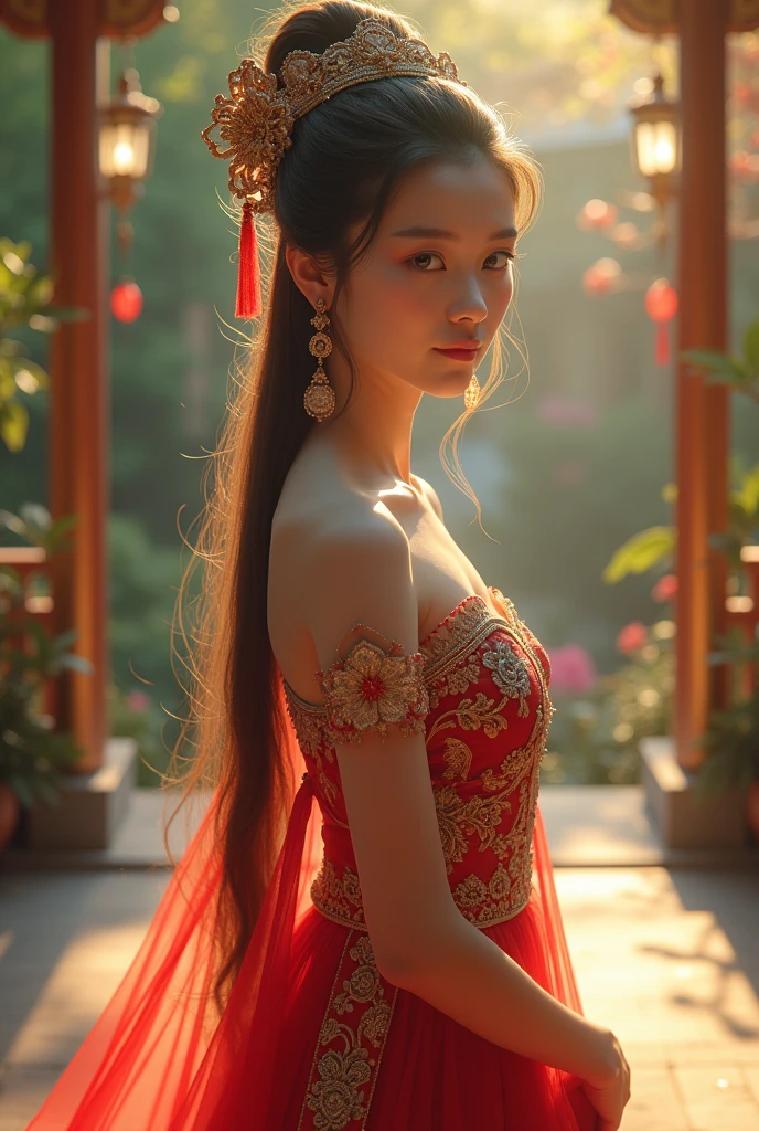 a beautiful young asian princess, detailed intricate asian style dress, elegant pose, serene facial expression, long flowing hair, delicate jewelry, ornate headpiece, lush palace gardens background, warm lighting, detailed cinematic rendering, vibrant colors, (best quality,4k,8k,highres,masterpiece:1.2),ultra-detailed,(realistic,photorealistic,photo-realistic:1.37),cinematic lighting, detailed ornate architecture, stunning landscape