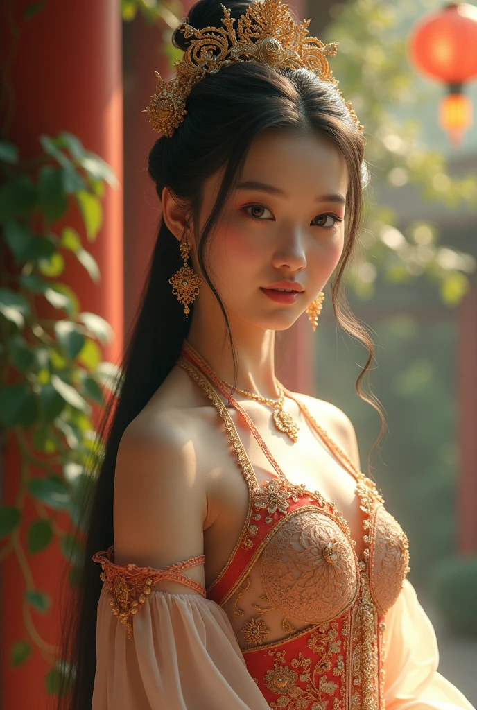 a beautiful young asian princess, detailed intricate asian style dress, elegant pose, serene facial expression, long flowing hair, delicate jewelry, ornate headpiece, lush palace gardens background, warm lighting, detailed cinematic rendering, vibrant colors, (best quality,4k,8k,highres,masterpiece:1.2),ultra-detailed,(realistic,photorealistic,photo-realistic:1.37),cinematic lighting, detailed ornate architecture, stunning landscape