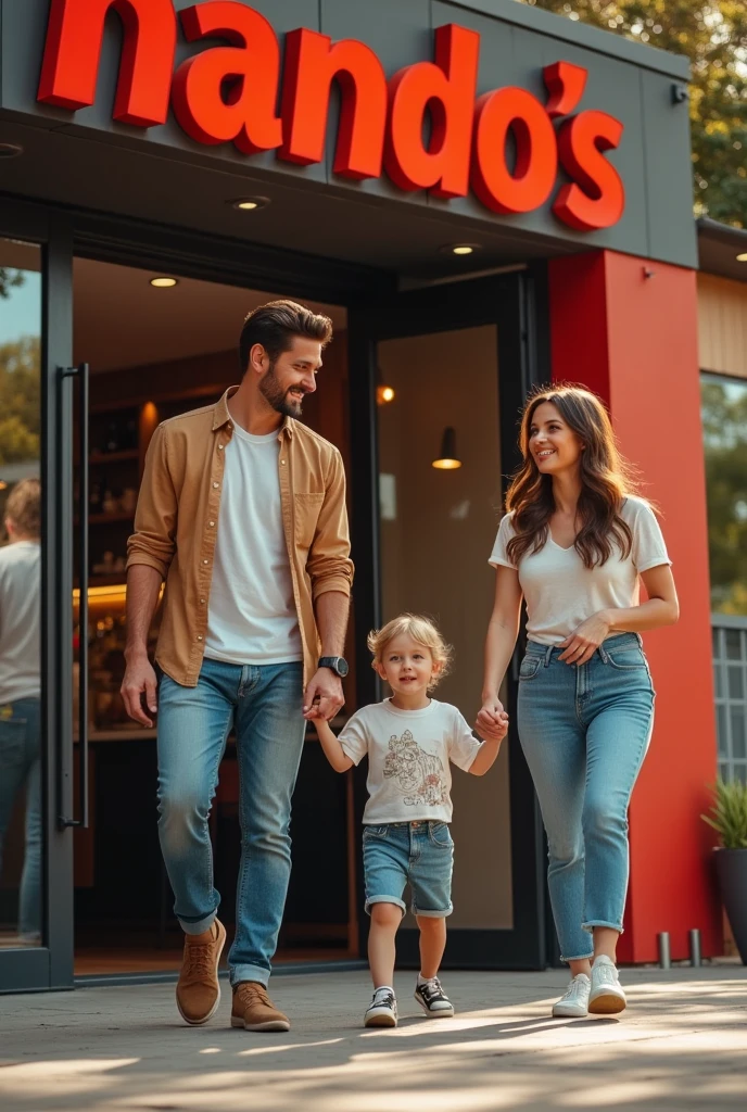 man women and chid going out from nandos resturant