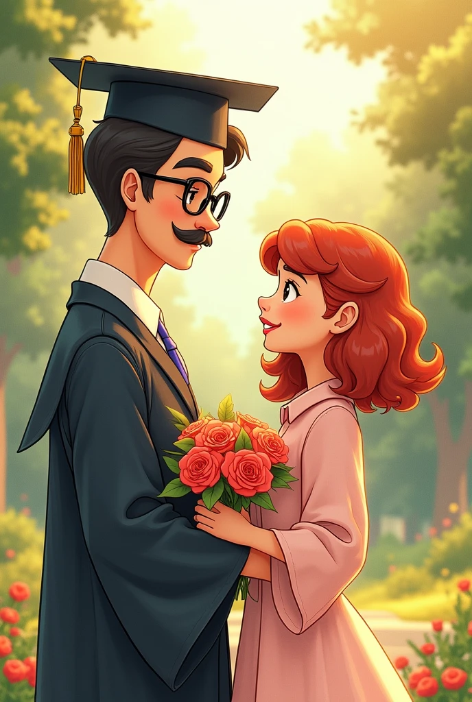 Black haired boy with side parting hair, With glasses, a mustache and beard, brown color not clear,Your attire must be graduation attire, girl next door shorter than him, curly red hair with bangs, 90s style dress with bouquet of roses in hand that is an animated photo 