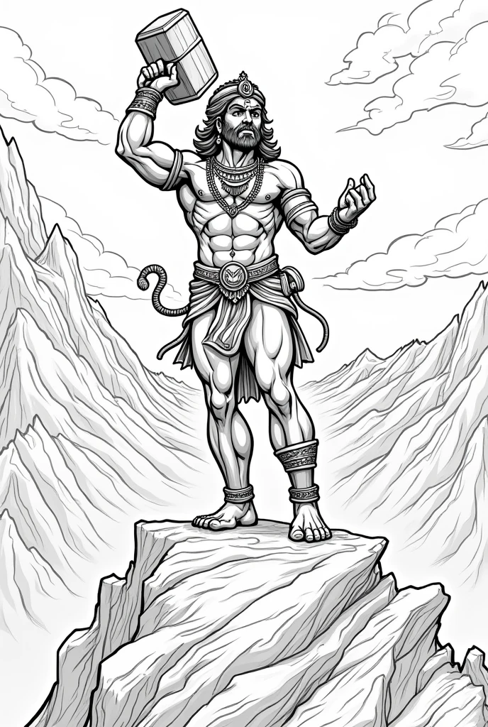 coloring page of hanuman with hammer and mountain