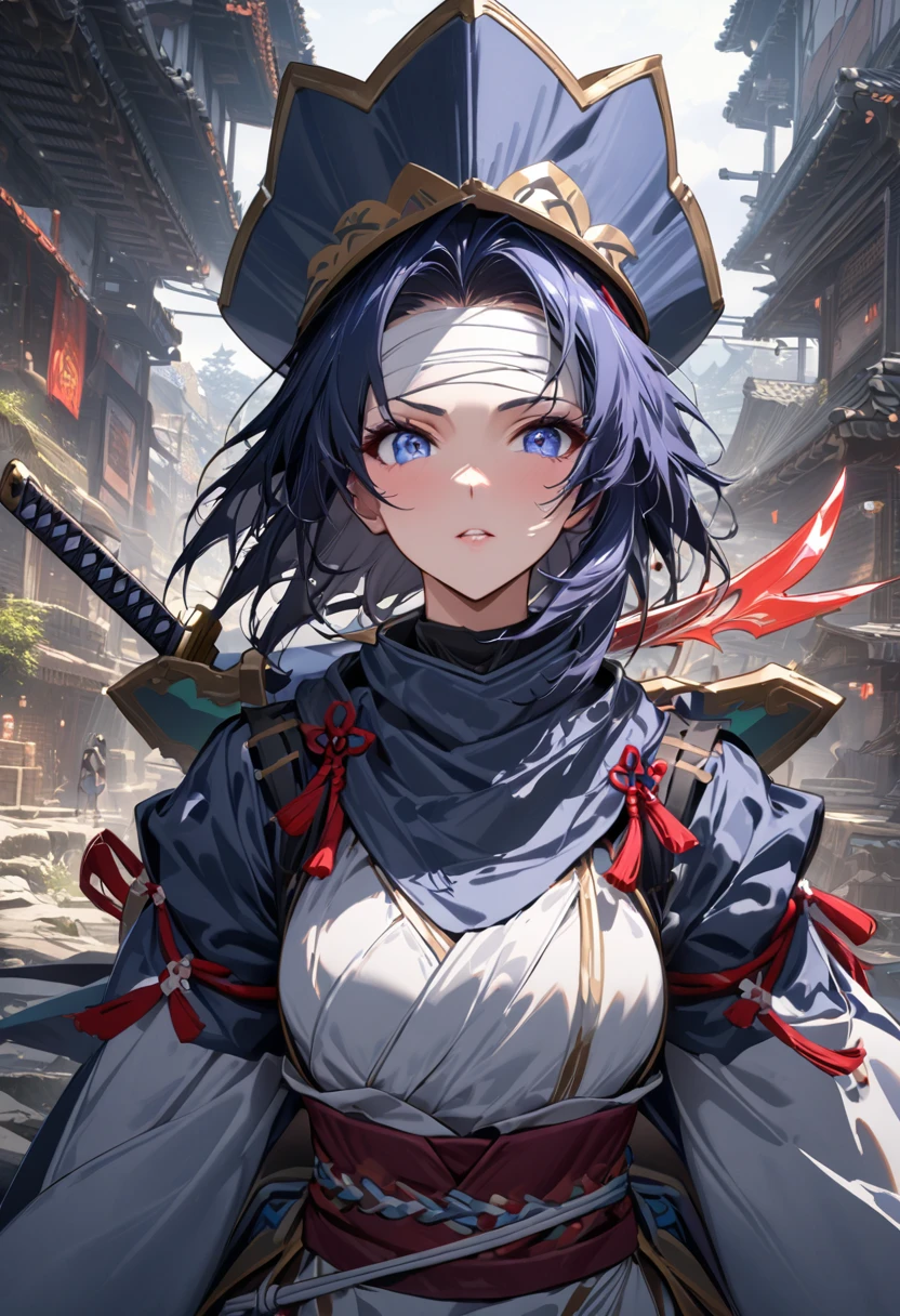 Ninja girl anime from feudal Japan, Super beautiful, (((forehead bandaged))), ((( feudal hat))), ((Masterpiece:1.2)), ((Highest quality)), (((Upper body covered))),close up, Carrying the sword of Katana, urban samurai, Anthem game inspiration, epic picture, Era, Inspired by ESAO, Amazing screensaver, nest blade,