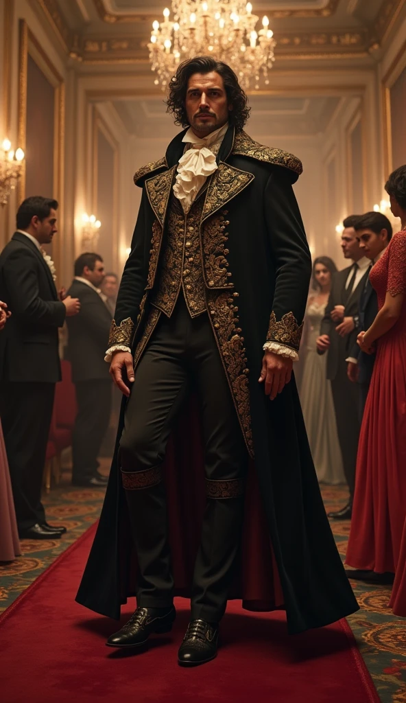 Edmond Dantès, maintenant vêtu en Comte de Monte-Cristo, arrive à une réception élégante dans un grand manoir. Les invités, surpris, l’observent avec admiration et curiosité.
