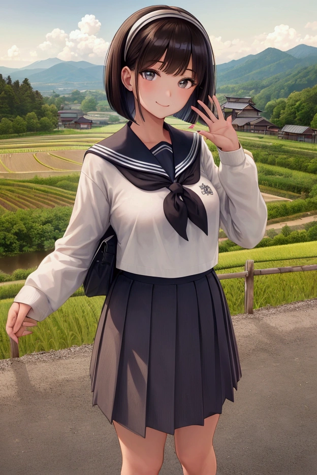 (masterpiece), (best quality), (ultra detailed), 1 girl, late teenage, standing, wave hand, thigh focus, from below, school uniform, serafuku, hair band, bob cut, brown hair, smile, looking at viewer, japanese rural landscape, rice paddies, gravel road, cumulonimbus, in summer, professional lighting, stunning face, detailed eyes and face