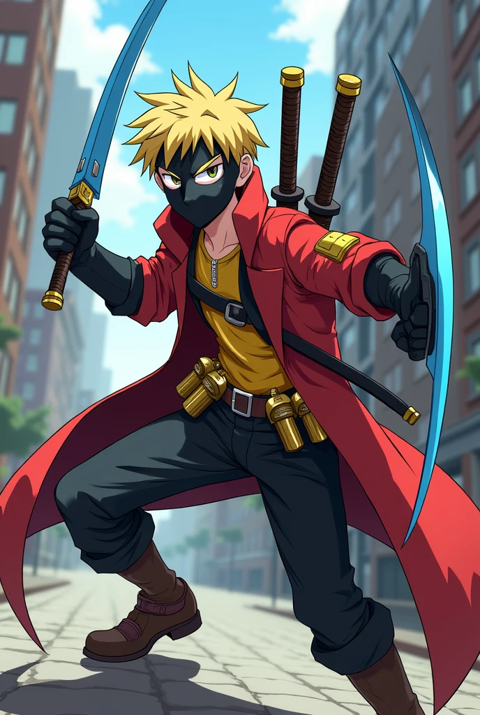 A male teenager, he is blond, has fair skin, he is wearing a mask that has two spaces for the eyes and the mouth of the mask is a zip, he is wearing a yellow and black military shirt, he is wearing a very large red lab coat, he wears black pants, brown shoes, and large black latex gloves, just like Wolverine, he has his claws, but they are bright blue and are very large on his back, he has two katanas and he has a Deadpool-style utility belt with two golden pistols. The place he is in is a city and he is fighting the Fanatic. The image has to be in anime.