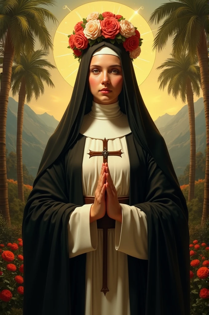 Para generar una imagen de Saint Rose of Lima con inteligencia artificial, you could use the following detailed description:
"Saint Rose of Lima, a young woman of serene and devout appearance, dressed in a black and white Dominican habit. His face reflects peace, with big and expressive eyes, and a crown of roses surrounds her head, symbolizing his name and holiness. She holds a crucifix in one hand, while the other is in a prayer position. Behind her, There is a tropical landscape with palm trees and flowers, representing its origin in Lima, Peru. The golden light of the sun illuminates her figure, giving it an aura of holiness."
Esta descripción debe proporcionar suficientes detalles para que la IA genere una imagen que capture la esencia de Saint Rose of Lima.