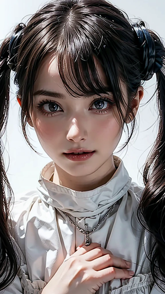 ((Beautiful Face:1.2)),((White simple background)),chest, huge, Twin tails, Silver Hair, priest, ~ side, saint, dirty