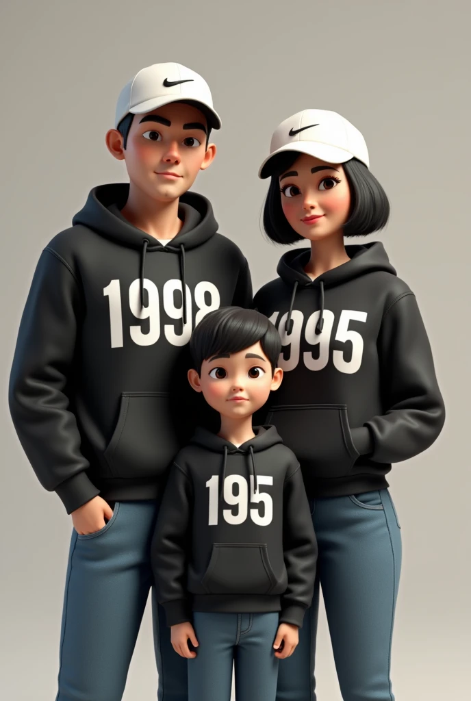 3D a man (without beard) with white nike cap,wear black hoodie with number 1998 on hoodie ,wears blue jeans while standing besides a woman with white nike cap with short shoulder hair, wear black hoodie with number 1995 on hoodie ,wears blue jeans holding boy with black hoodie