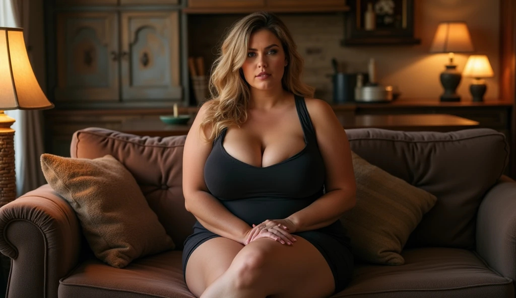 woman in a short dress is in a rustic house, sitting on the sofa, legs crossed, attractive woman, tight dress, curvaceous, hot chubby, voluminous body, cleavage, large breasts, approximately 60 years old, older mature woman, front image, looking for camera, posing, big ass, sex with beautiful woman, stunning, sex with natural mature woman, medium plus size,