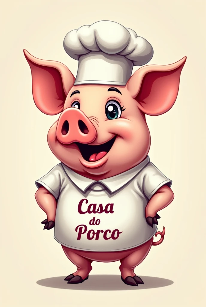 Pig with chef's hat and shirt with the name "Casa do Porco" printed on it
