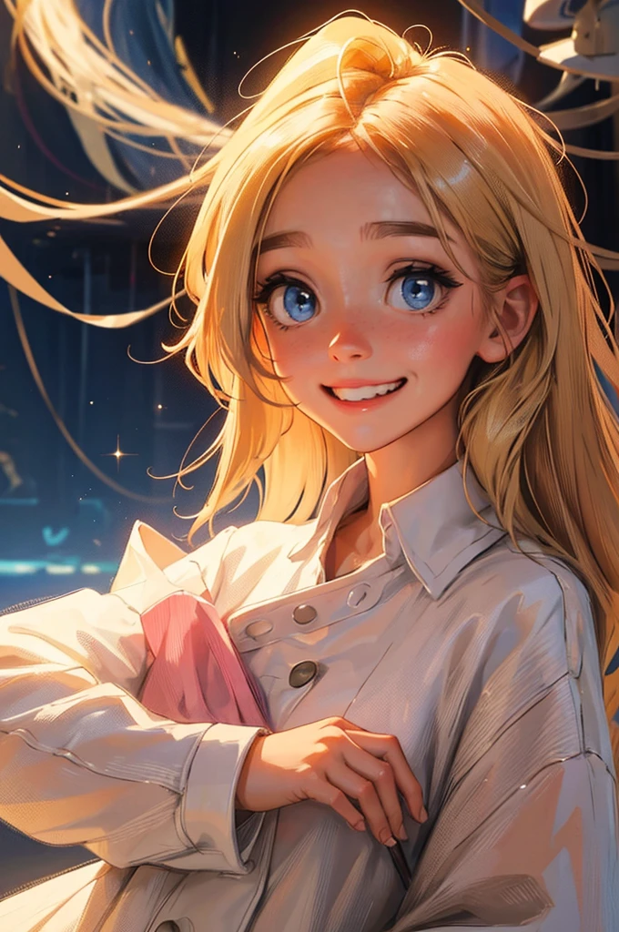 female child in a futuristic underground bunker, bege and white clothing, portrait, close-up, Paula has seven years old, her tiny frame often swallowed by the oversized, tattered clothes she wears. Her blonde hair, a striking golden hue that seems to defy the grimness around her, falls in soft, wild waves, often tangled and adorned with little bits of string or fabric she finds. Despite the harsh world she lives in, her bright blue eyes sparkle with innocence and her laughter is a rare melody in the bleakness.
Her face translates her adorable nature, a canvas of gentle features: round cheeks that flush a soft pink when she laughs, which is often, and a button nose that scrunches up endearingly when she smiles. Her lips are small but constantly curled into a grin that radiates kindness.