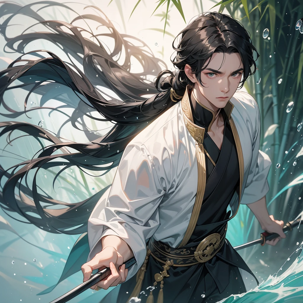 A Handsome black-hair male holding a large sword in an black-white ancient chinese costume, close up.
The back is a lush green bamboo forest. The air after rain has water droplets splashing around.