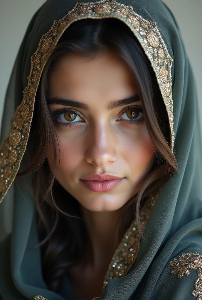 A beautiful Pakistani girl with veil covering her face only her two eyes are visible
