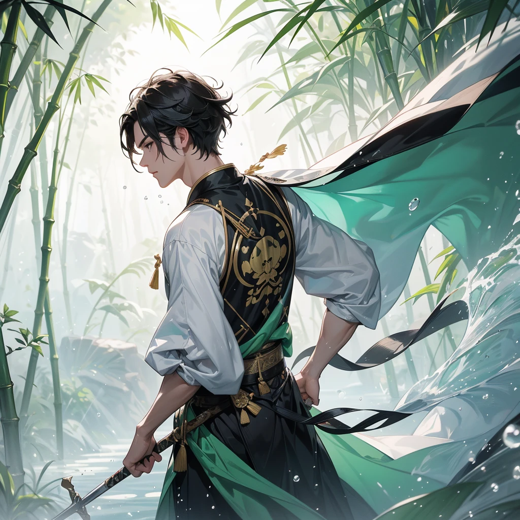 A Handsome black-hair male holding a large sword in an black-white ancient chinese costume, close up.

The back is a lush green bamboo forest. The air after rain has water droplets splashing around.