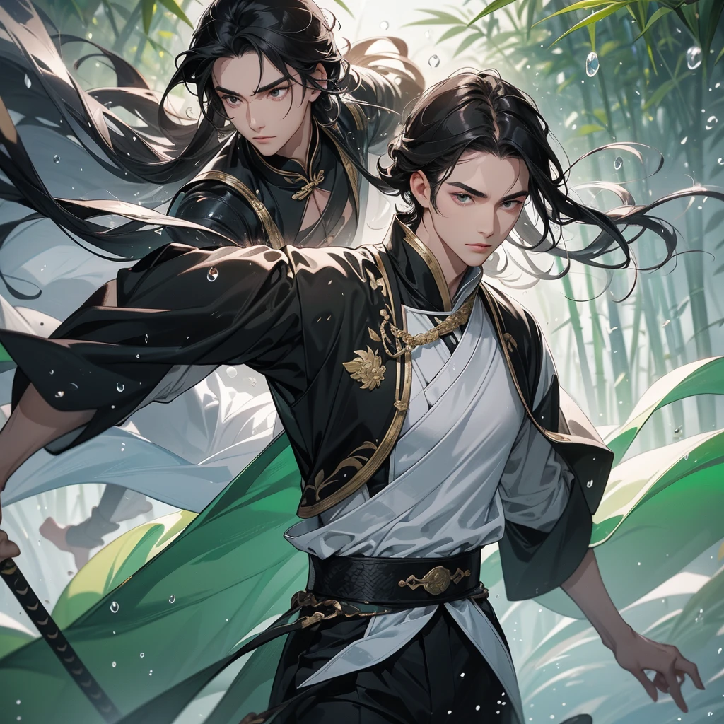 A Handsome black-hair male holding a large sword in an black-white ancient chinese costume, close up.
The back is a lush green bamboo forest. The air after rain has water droplets splashing around.