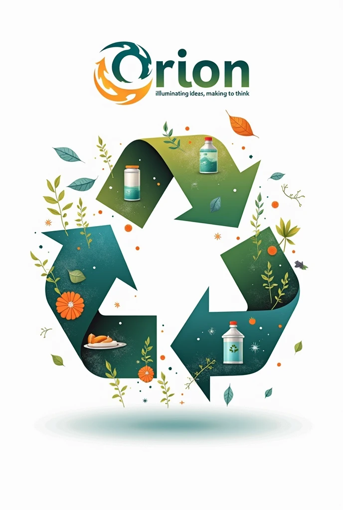 create an art with a white background with the theme of recycling and for awareness with the phrase Orion illuminating ideas, making you think . and with elements with the recycling theme without any human figure