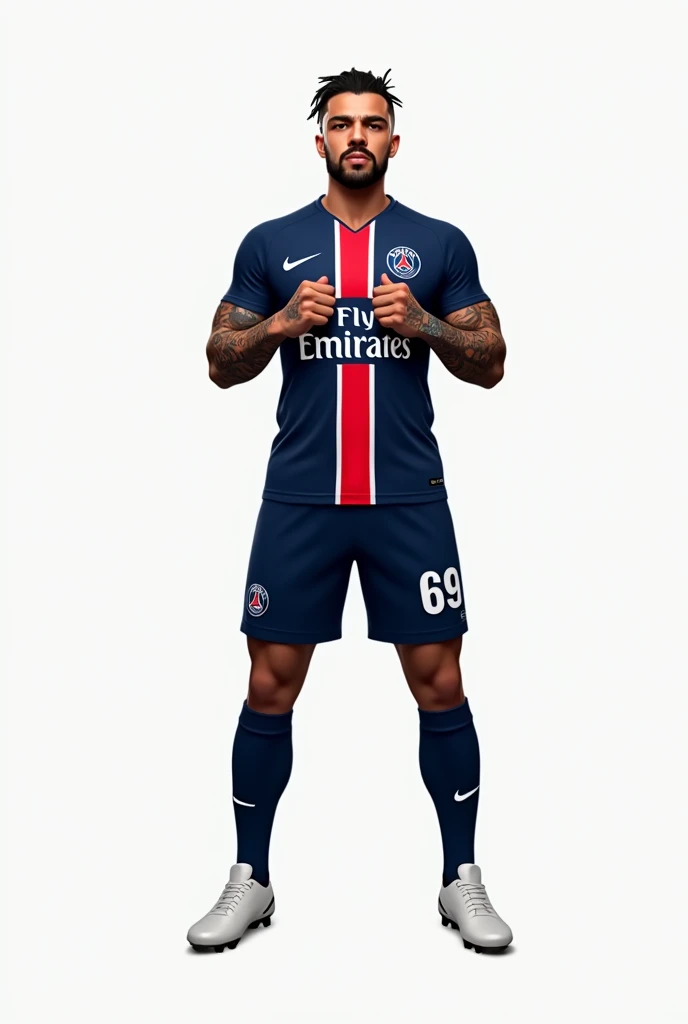 Young 2 sexy Rudo gangster with black hair shaved on the sides with braids brown eyes thick lips athletic body masculine energy and sexy defined chin trimmed beard colored tattoo marked biceps wears black colored man Muslim style, He wears the navy blue PSG uniform with a central red and white stripe., Navy blue shorts with the number 69 and white cleats. The background is white and he is standing holding the shield of the team's jersey with his hand to proudly kiss the team's jersey. 8k