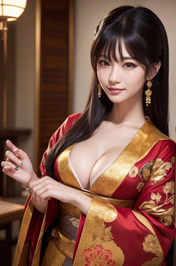 (8k,Photorealistic　RAWphotograph　Highest quality;1.4) One mature woman) Super Beautiful Japanese MILF Goddess　(A vivid face)　Costumeを着た中程度の胸の女性の接写, Japanese Mature God, Laughter　Beautiful Fantasy Empress, Beautiful and attractive anime woman, Gweiz-style artwork, 8kの高品質で詳細なアート, Very detailed artgerm, Palace-like ， Beautiful character drawings, Anime, Seductive anime woman　白い絹で作られたJapanese Kimono　(Costume)　超High resolution　Beautiful expression　Surreal　(Realistic Skin)　Ultra-high density　(Tabletop, Highest quality, Realistic, High resolution, photograph, :1.3)　Super flashy makeup　Golden Eyes　Japanese Kimono　Black and red bands　Golden Band Code　Red Rouge　Beautiful black hair,Highest qualityのPhotorealisticRAWphotograph。Backlight、Cinema Lighting、Film Grain、50mm lens、Nikon D850、Ultra-Realistic Skin、Fantasy art、Character Art、超High resolution、muscular and slim body、Ultra-Realistic Skin,Perfect hands(Anatomical modeling),Oiran-style makeup,beautiful long gray hair,