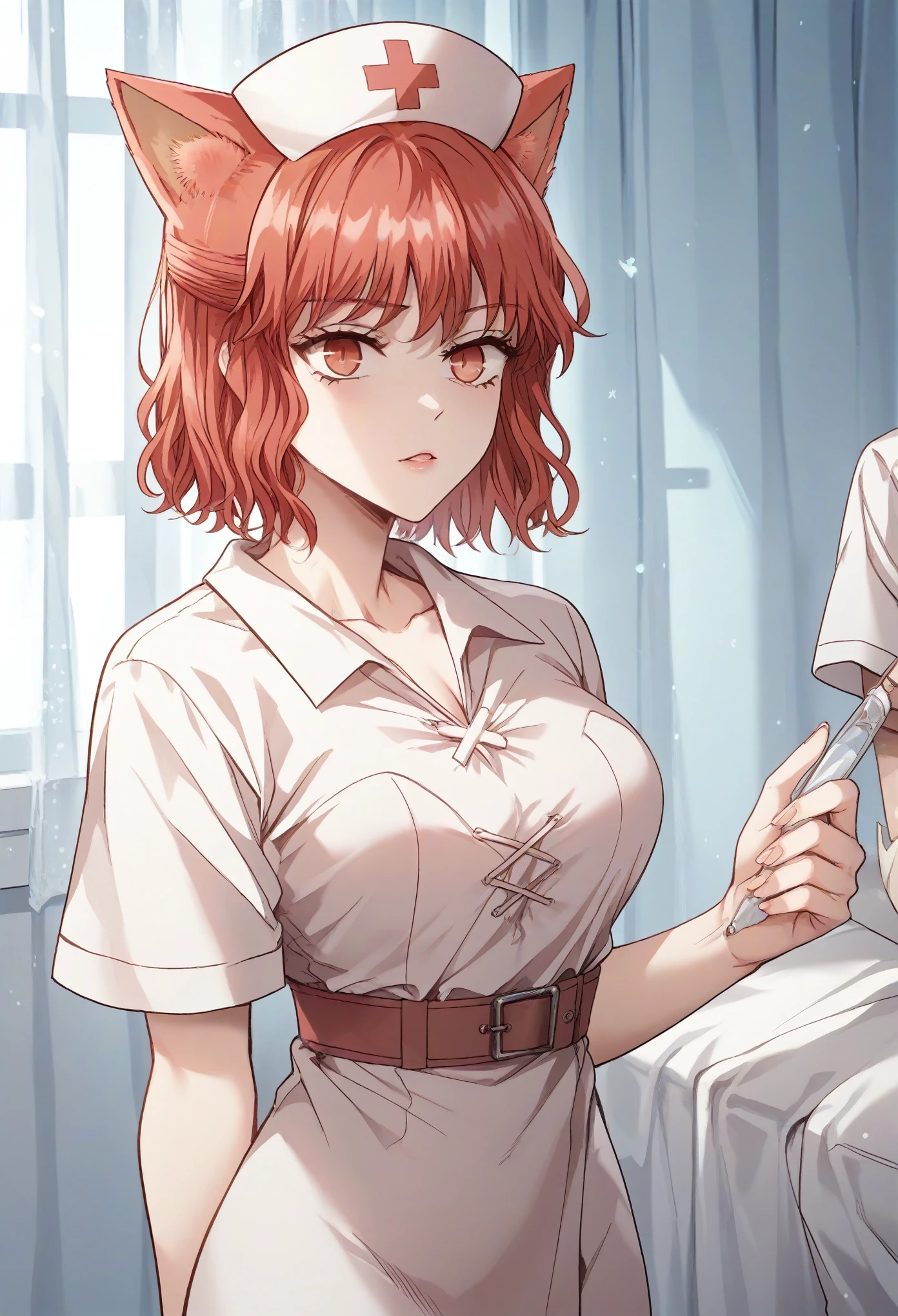 MisshaKarlstein, cat woman, red eyes, red hair, short hair,nurse,nurse cuit,vaccine,nurse cap,pink nurse suit