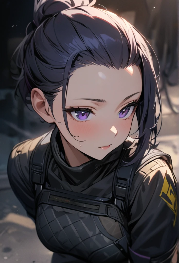 Solo, 1 women, dark blue hair, purple eyes, (((high quality))), masterpiece, detailed face, bangs pulled back,Bangs Pinned Back, missy hair, beautiful, combat clothes