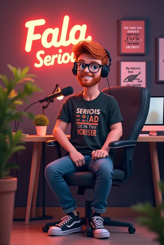 The background could have the name of the podcast "fala serious" in Portuguese in fun typography. Comfortable, modern furniture like a light wood table and black chair with lilac details add personality. Warm lighting with subtle LED lights creates a welcoming atmosphere. Plants, pictures with funny phrases, and high-quality microphones complement the look, reflecting the light and humorous tone of the program. man Thick-rimmed glasses, t-shirts printed with geek references, and a casual style, with sneakers and jeans. blue eyes Redhead with sardines