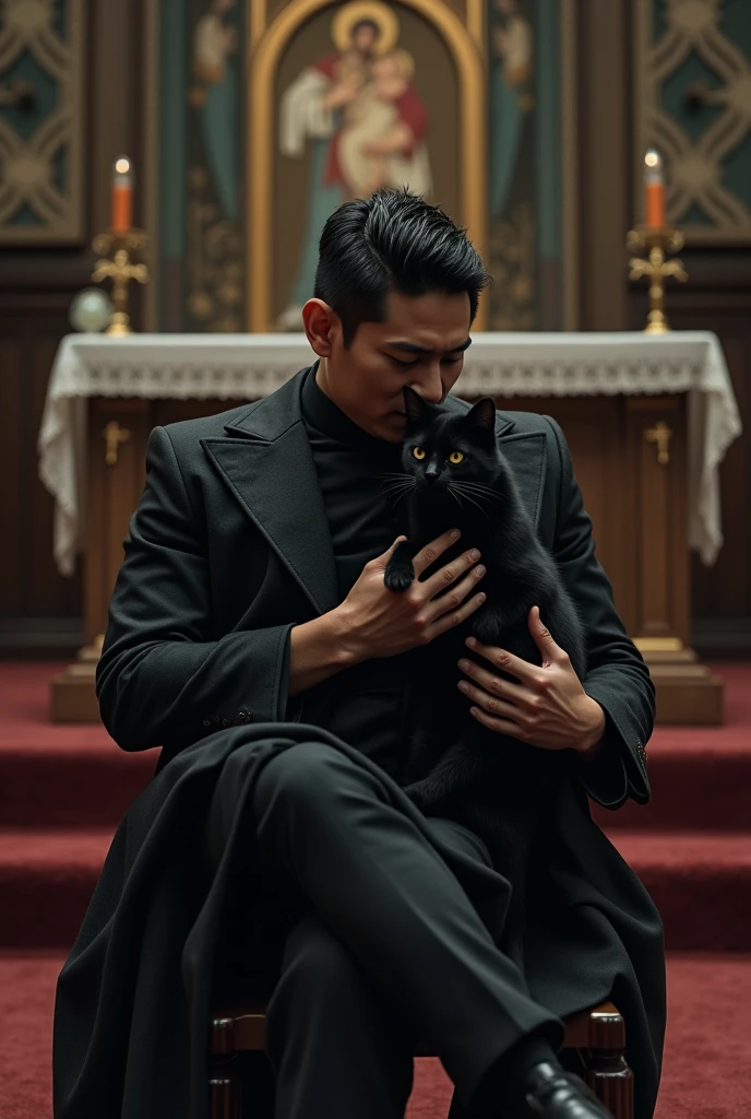 (photorealism:1.2), a handsome biracial filipino-korean seminarian man, sitting on chair, holding a black cat, vampire vibe, altar background, love and affection in cat pose, realistic, intricate details.