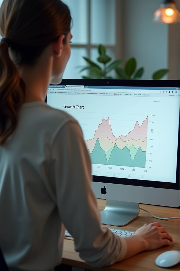 a woman working on her computer ,growth chart on computer,photo realist, focus on the hand with the computer