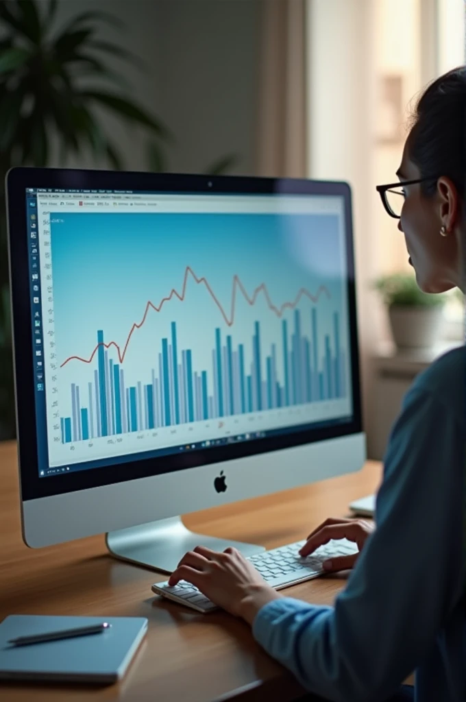a woman working on her computer ,growth chart on computer,photo realist, focus on the hand with the computer