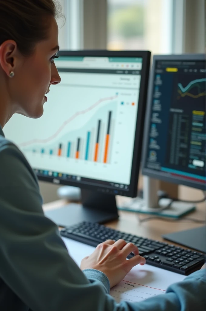a woman working on her computer ,growth chart on computer,photo realist, focus on the hand with the computer