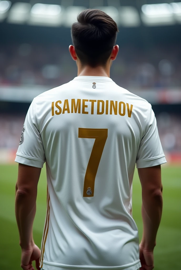 back of real madrid football jersey. And it has the number 7 and the name "Isametdinov" above the number