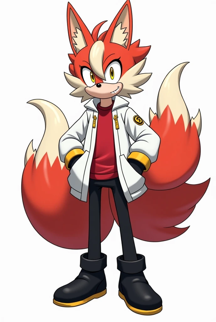 Create an anthropomorphic Sonic-style Kitsune with half white and half red hair, with a ponytail, with hair on the left side of the face, yellow eyes, eyes large, with ears and nine tails,in the form of a Sonic-style character, o nome dele é Kito Kaiiatsubaky, Men's White Windbreaker Jacket with Red Shirt, black pants and men's black boots,with gloves, Personalidade: always cheerful and lively and willing to protect his friends and companions.