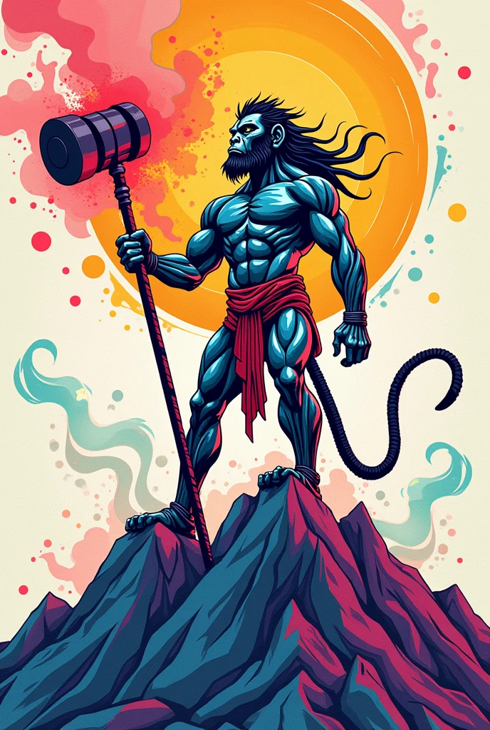 abstract coloring page of hanuman with hammer and mountain